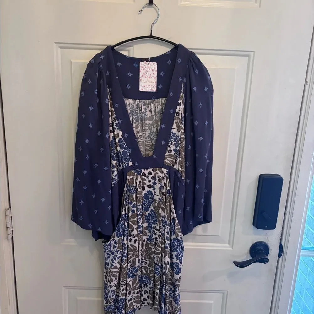 Free People Navy and Beige Floral Mini Dress